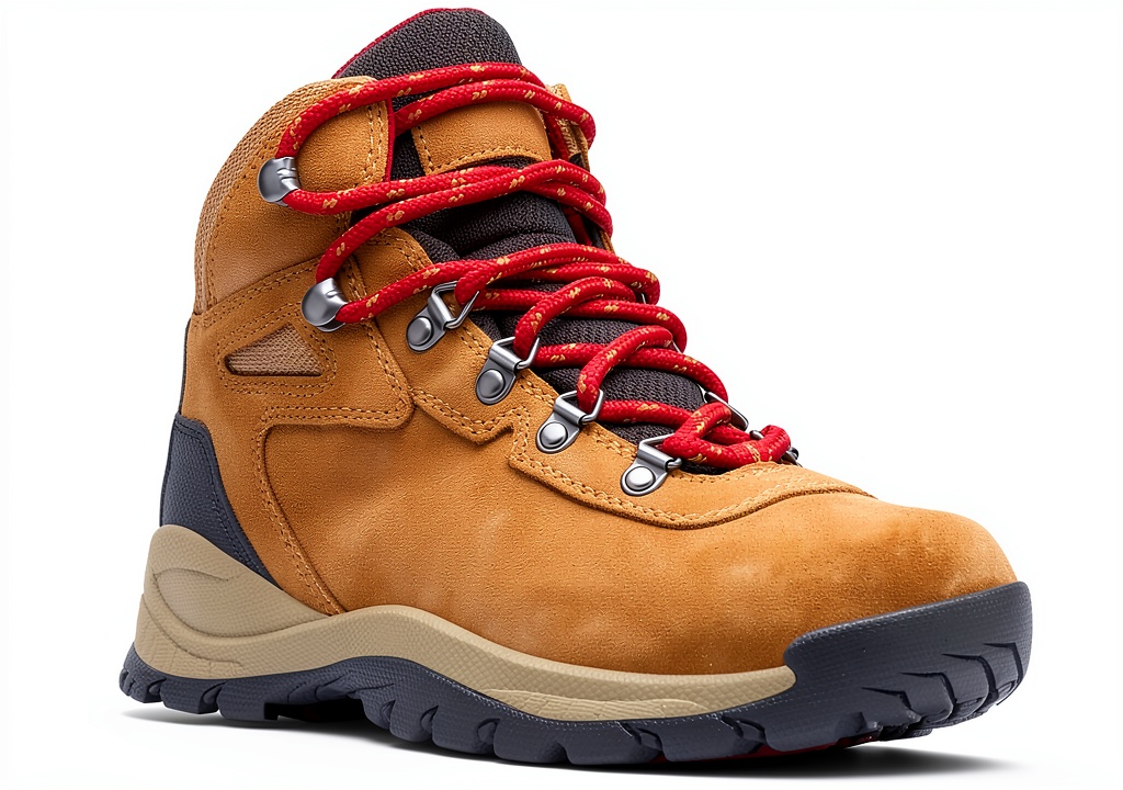 Installing Columbia Newton Ridge Waterproof Amped Hiking Boot Elk/Mountain Red on a wooden desk